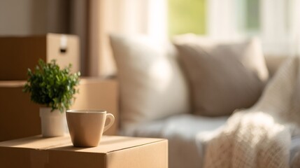 Mover boxes with a cup and plant in a room. Moving to a new home or apartment. Change of address.