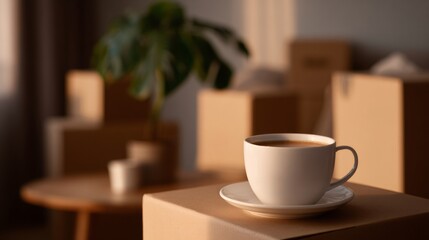 Obraz premium White coffee cup on brown cardboard box. Relocation concept with plant and other boxes blurred in background.