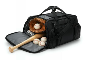 Black sports duffel bag with multiple compartments displaying baseball bat glove and equipment storage organization system