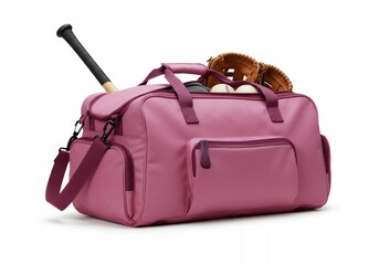 Mauve pink sports duffel bag with baseball equipment including bat glove and balls ready for transport