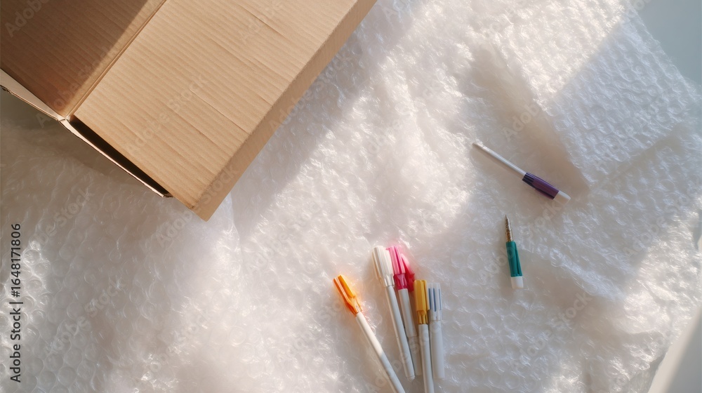 Poster open cardboard box on bubble wrap. packing fragile items for moving or shipment. relocation preparat
