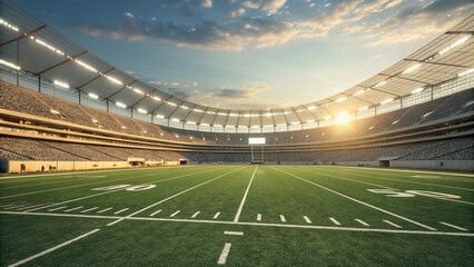 Obraz premium Empty stadium with bright lights over a green soccer field