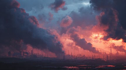 Fototapeta premium Industrial Sunset: A skyline dominated by factory smokestacks at dusk, with a vibrant, atmospheric sky painted in shades of orange and gray.