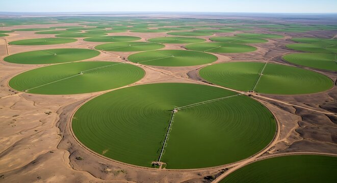Aerial view of center pivot irrigation fields in arid desert landscape panorama