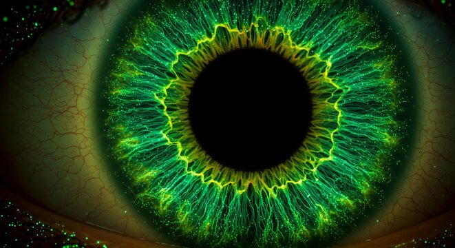 High-resolution macro shot of brilliant green human eye with electric yellow lightning-like patterns radiating from pupil in detailed iris photography