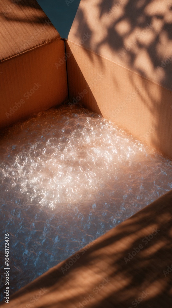 Poster empty open cardboard box with bubble wrap and dappled sunlight, ready for packing belongings when mo