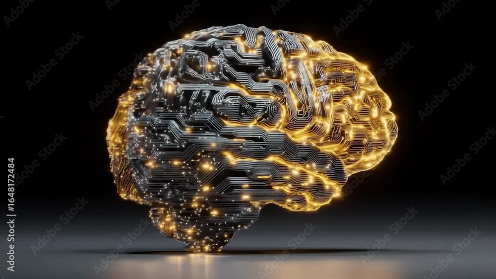 Poster cybernetic brain: a digital rendering of a human brain constructed from intricate circuitry,