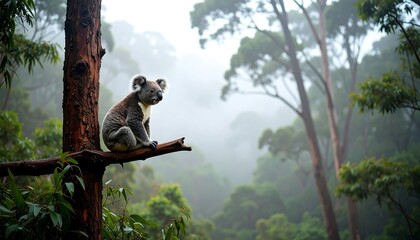 Koala resting on a branch in a lush forest during a misty morning