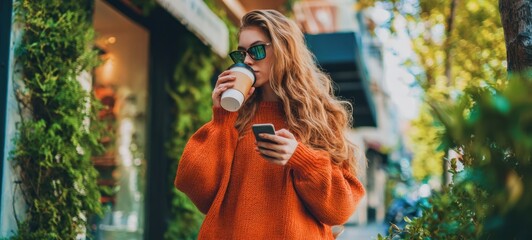 The woman in orange sweater sipping coffee while checking smartphone on city sidewalk
