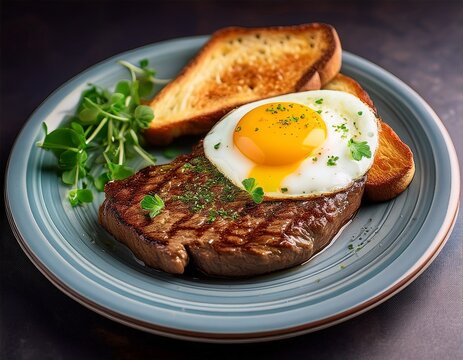 a delicious breakfast featuring a juicy steak sunny side up egg and cheesy toast garnished with fresh herbs - Powered by Adobe