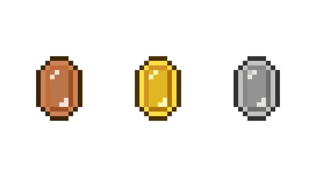 8-bit pixel bronze, gold, silver coin rotate. white background. looped animation 4k 30fps