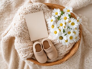 Warm and cozy composition with a chunky beige knit blanket, wicker basket of white daisies, blank cream card, and a single soft baby shoe, symbolizing tenderness, anticipation, and new beginnings