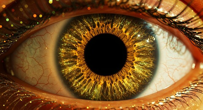 Vibrant macro close-up of hazel green and golden yellow human eye iris with sunburst pattern for ophthalmology and beauty industry applications