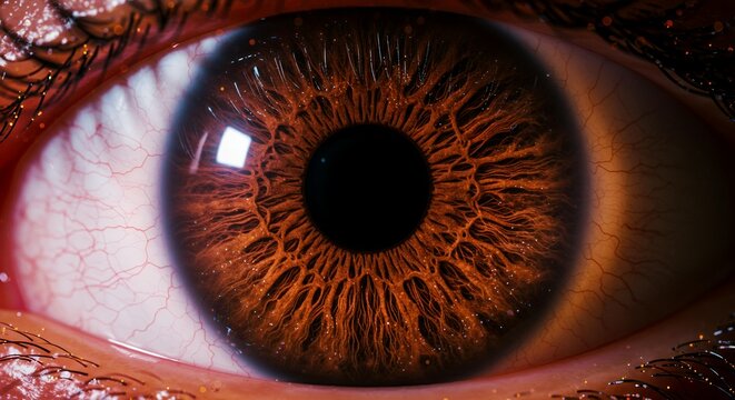 High-definition macro photography of rich brown human eye with detailed iris fiber structure and prominent radial patterns around pupil