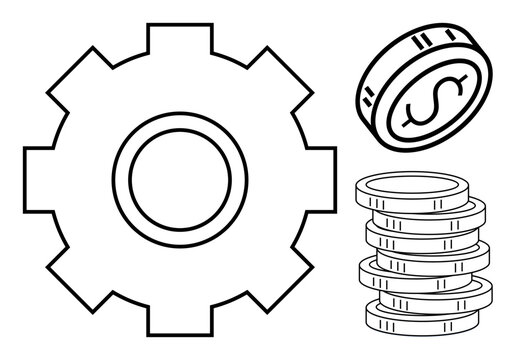 Gear and coin stacks combined with a single coin highlight financial systems, operations, and productivity. Ideal for business, investment, fintech, economy, strategy, savings profit concepts