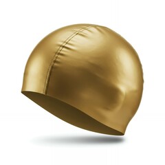 Metallic gold silicone swimming cap with center seam stitching detail isolated on white for luxury aquatic sports accessories