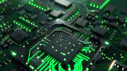 Close-up view of a circuit board with glowing green traces - Powered by Adobe