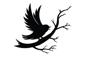Flying Bird Silhouette on Bare Branch