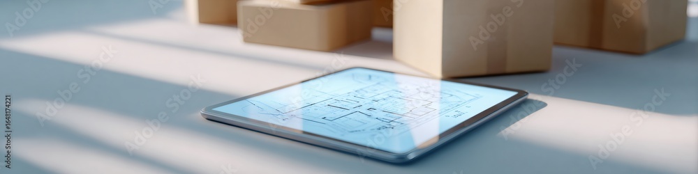 Poster tablet on a table displaying a blueprint with cardboard moving boxes in the background. digital hous