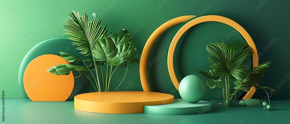 Poster geometric greenery display with circular shapes modern studio digital art minimalistic environment a