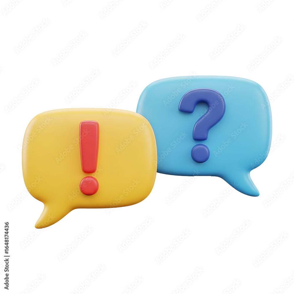 Poster two 3d speech bubbles with exclamation and question marks isolated on transparent background