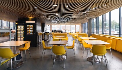 cafeteria interior with yellow chairs tables and vending machines