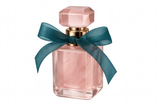 Luxurious pink perfume bottle featuring delicate teal bow, highlighting feminine design against transparent backdrop
