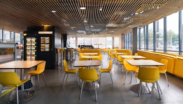 cafeteria interior with yellow chairs tables and vending machines
