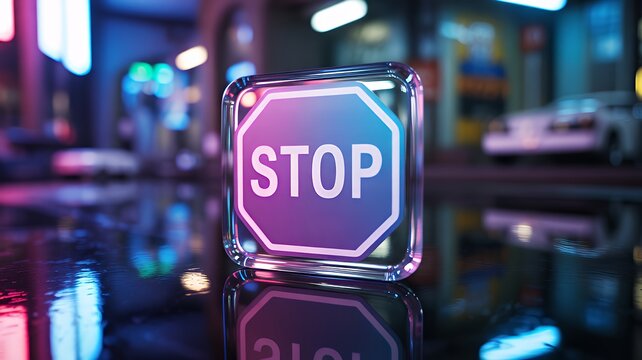Neon Stop Sign in a Futuristic City Setting. - Powered by Adobe