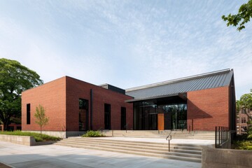 Modern architectural structure showcasing sleek lines and natural surroundings, featuring a blend of brick and glass design elements during a clear day in an urban setting