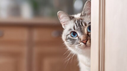 Blue eyed cat peeking from behind a door. Cute pet animal hiding in a new house. Domestic feline moving and relocation issues.