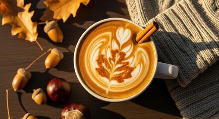 Hot Coffee Mug with Leaf Latte Art in Autumn Setting with Cozy Sweater and Fall Decorations