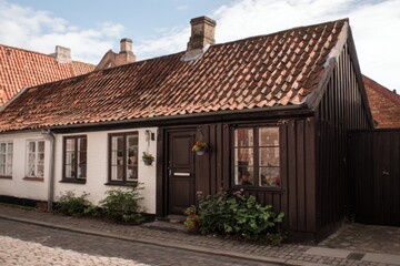 Naklejka premium Charming historic house on a cobblestone street in a peaceful village features a wooden facade and vibrant flower pots on a sunny day