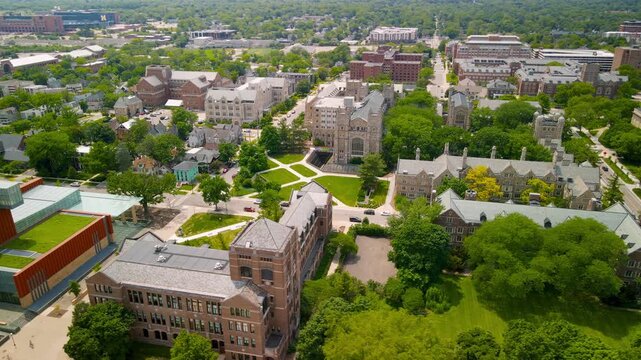 Aerial view of University of Michigan campus is consistently ranks one of the top public universities in the North America.Ann Arbor, Michigan.