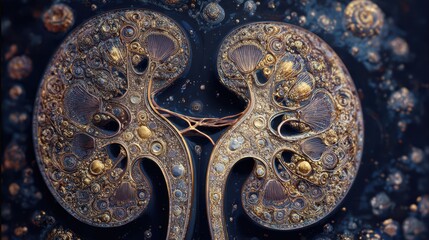 Ornate illustration of two kidneys, in gold and bronze, set against a dark blue background reminiscent of deep space.
