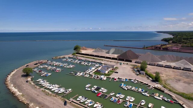 Aerial view of Lake Erie and Conneaut city marina , boat club, is situated at the mouth of Conneaut Creek