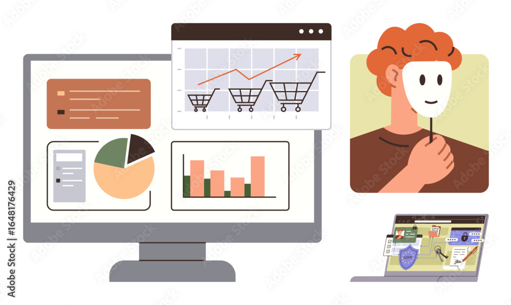 Poster computer screen displays analytics, charts, and shopping carts. masked figure and secure browser emp