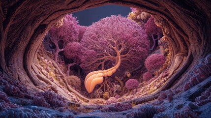Dreamlike scene: a whimsical landscape with a vibrant array of pink trees and an unusual, softly glowing structure. Nature's surreal beauty.