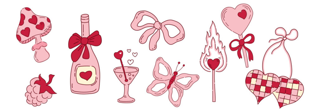 Set of pink stickers in a coquette aesthetic for Valentine's Day and girls bachelor party. Whimsical vector illustrations in doodle style. Trendy ideas for stickers, invitations, diary and scrapbook.