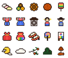 Obraz premium cute korean traditional chuseok pixel icon set of 20