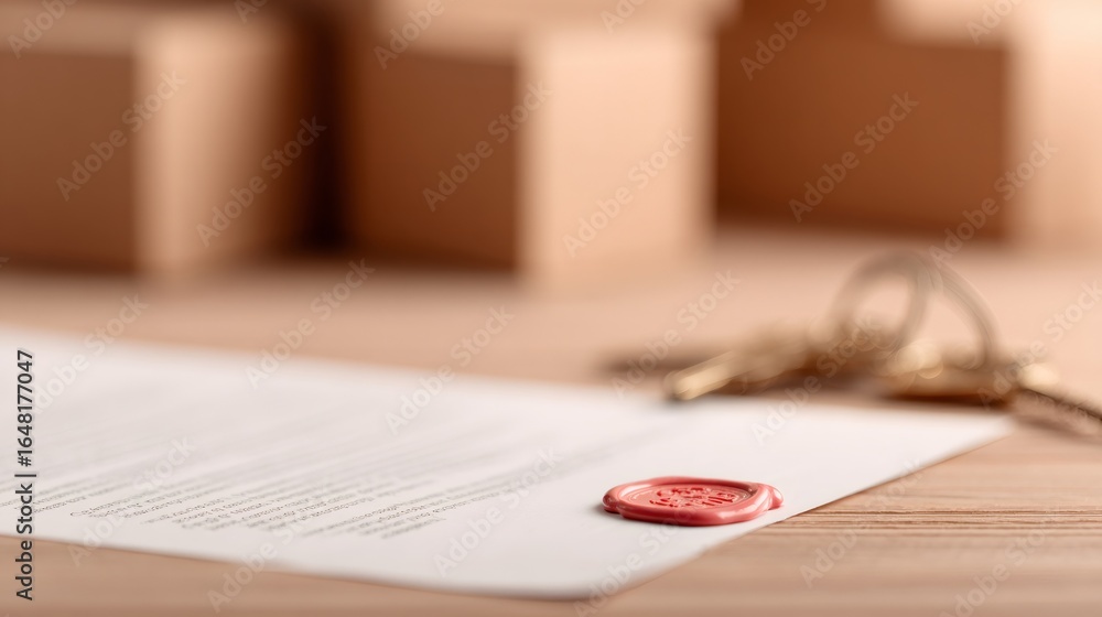 Aufkleber document with red wax seal and keys on a table, symbolizing property ownership. concept of real esta