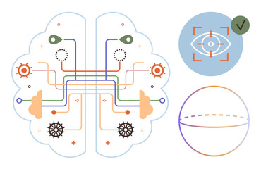 Brain with circuits, gears, eyes, and neural lines, emphasizing AI, cognition, vision, and tech. Ideal for AI innovation technology neuroscience machine learning digital transformation simple