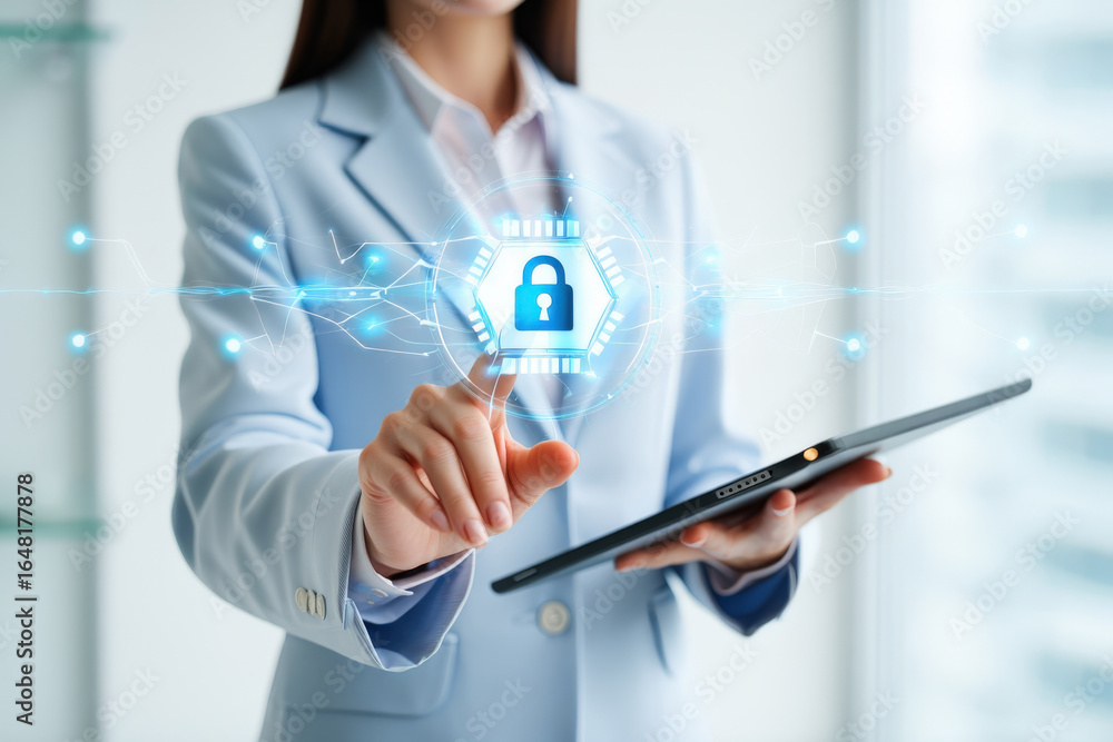 Poster securing digital data a businesswoman's touch on cybersecurity technology with a tablet interface di