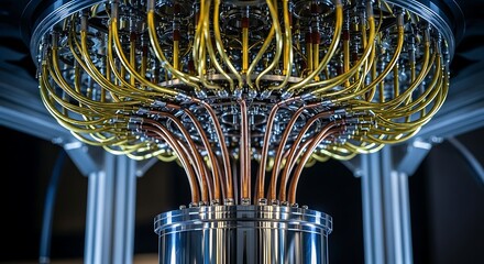 Close-up of a complex quantum computing system with intricate wiring and components