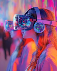 A career fair in a virtual space, with interactive booths and attendees engaging through VR, vibrant colors, hightech, immersive