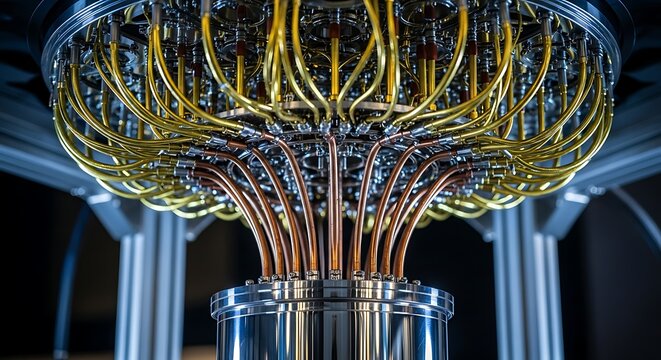 Close-up of a complex quantum computing system with intricate wiring and components