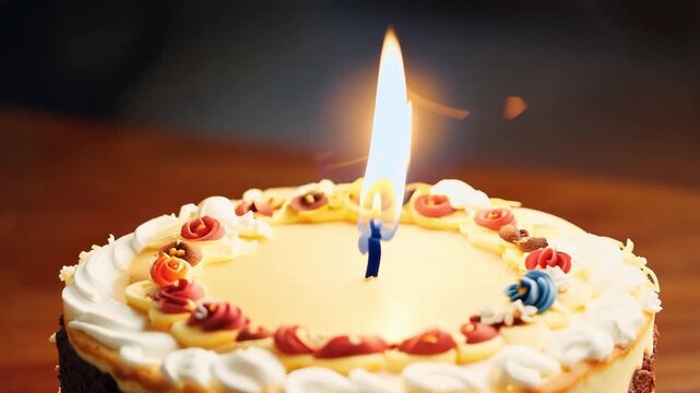 
a birthday cake with one lit candle on top 4k video