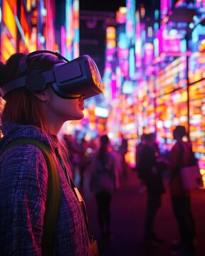 A career fair in a virtual space, with interactive booths and attendees engaging through VR, vibrant colors, hightech, immersive