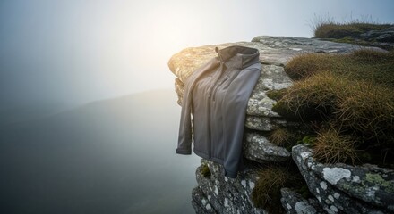 Gray Outdoor Jacket Draped Over Rocky Cliff Edge in Misty Mountain Landscape