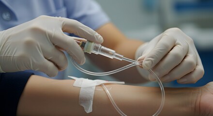 Intravenous Infusion Gloved Hands Carefully Connect a Saline Drip.